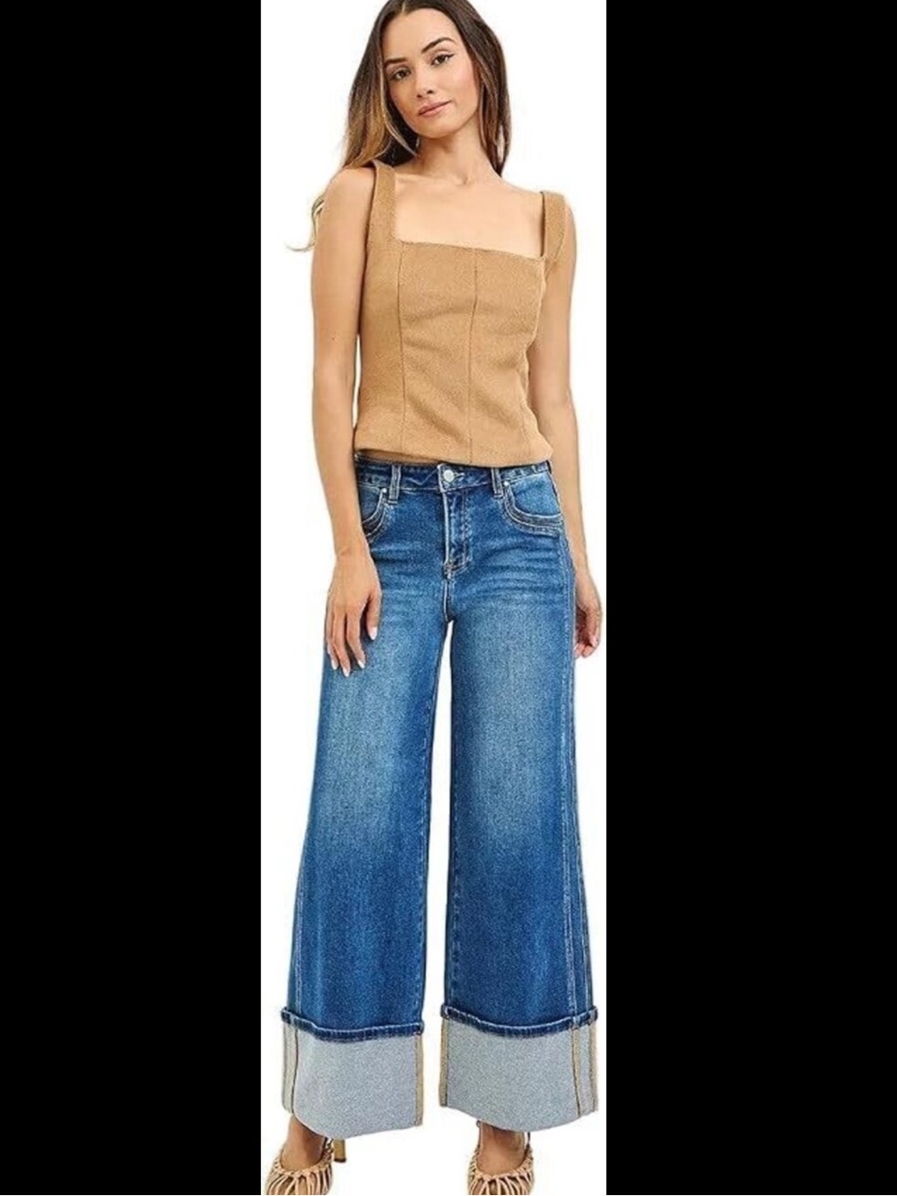 PWA-21444 | Risen High Rise Wide Leg Double Pocket Cuffed Jeans |  Sizes 25-31